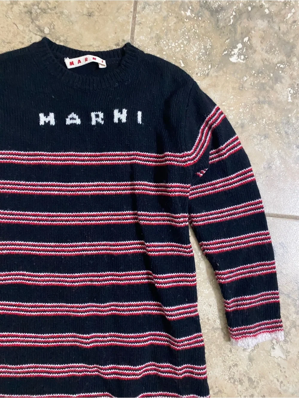 Marni Kids Intarsia Knit Logo Designer Black Red Striped Scalloped $569 Dress 4